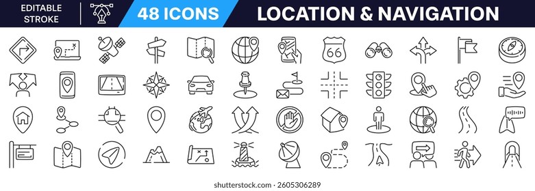 Location and navigation icon set. Linear style. Editable Stroke.