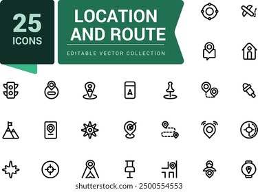 Location and navigation icons set. Contains map with a pin, route map. Pixel perfect, minimalistic web and UI icon. Outline icon collections.