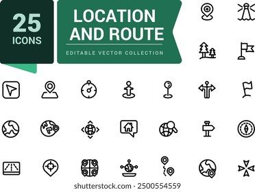 Location and navigation icons set. Contains map with a pin, route map. Pixel perfect, minimalistic web and UI icon. Outline icon collections.