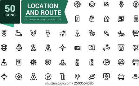 Location and navigation icons set. Contains map with a pin, route map. Pixel perfect, minimalistic web and UI icon. Outline icon collections.