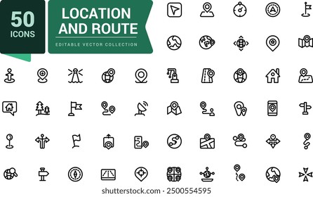 Location and navigation icons set. Contains map with a pin, route map. Pixel perfect, minimalistic web and UI icon. Outline icon collections.