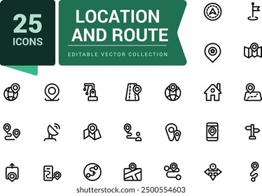 Location and navigation icons set. Contains map with a pin, route map. Pixel perfect, minimalistic web and UI icon. Outline icon collections.