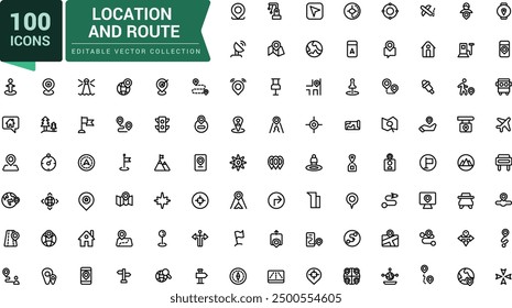 Position und Navigationssymbole festgelegt. Enthält Karte mit einem Pin, Routenplan. Pixel perfekt, minimalistische Web-und UI-Symbol. Gliederungssymbolsammlungen.