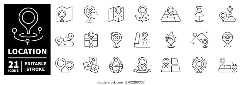 Location and navigation icons set. line, editable line icons for maps and directions