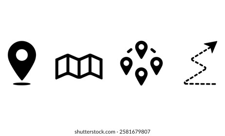 Location and Navigation Icons Set - Map Marker, GPS Pin, Direction, Travel Route, Wayfinding, Destination, Pathfinding Vector