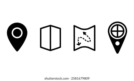 Location and Navigation Icons Set - Map Marker, GPS Pin, Direction, Travel Route, Wayfinding, Destination, Pathfinding Vector