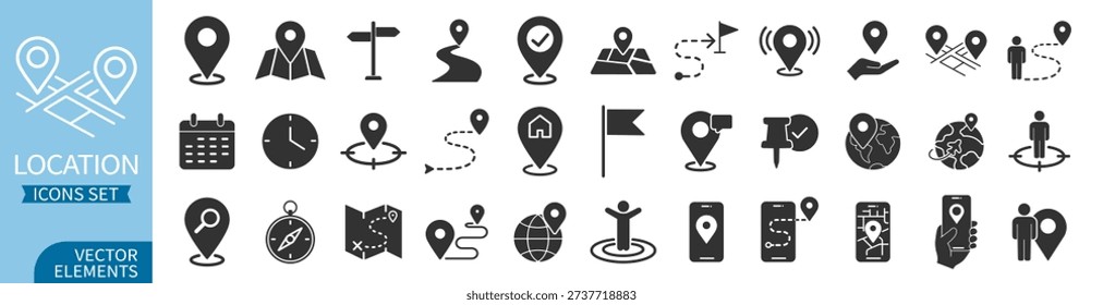 Location and navigation icons set with map pins, routes, GPS markers, directions, and travel symbols, vector collection on transparent background

