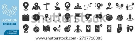Location and navigation icons set with map pins, routes, GPS markers, directions, and travel symbols, vector collection on transparent background
