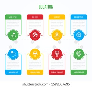 Location and navigation infographics with thin line icons. Symbols of pointer, pin, folded map, compass, route, flag, direction, search, traffic light, globe. Vector illustration.