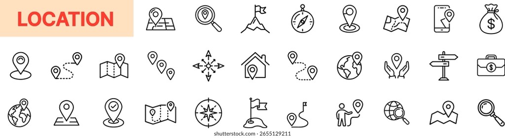 Location and Navigation Line Icon Set Featuring Map Pin, Compass, GPS, Route Marker, Globe, Destination Flag, Direction Signpost, Mobile Locator, World Map, and Travel Path Tracking Icon Design