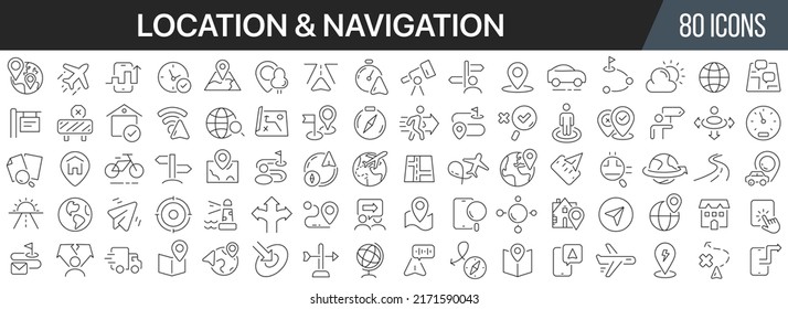 Colección de iconos de la línea de ubicación y navegación. Un gran icono de interfaz de usuario en un diseño plano. Paquete de iconos de contorno delgado. Ilustración del vector EPS10