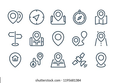 Location and Navigation line icons. Pin and Map Pointer vector outline icon set.