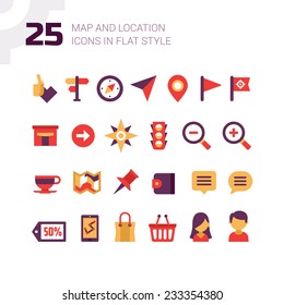 Location and navigation map icons. Set of icons in flat design style for setting direction, showing places on map, different navigation usage, geo targeting.