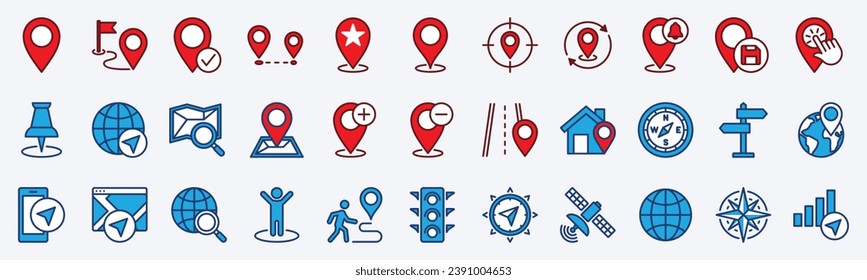 Location, navigation, and map pin icons set. Map marker icon symbol. Direction, compass, GPS, place, distance, route, traffic, road and other. Color style. Vector illustration