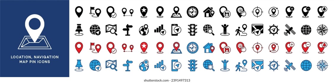 Location, navigation, and map pin icons set. Map marker icon symbol. Direction, compass, GPS, place, distance, route, traffic, road and other. Flat and color style. Vector illustration