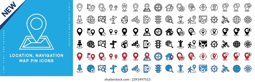Location, navigation, and map pin icons set. Map marker icon symbol. Direction, compass, GPS, place, distance, route, traffic, road and other. Thin line, flat and color style. Vector illustration