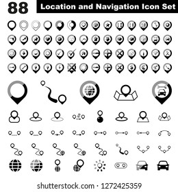 Location, navigation and map related grayscale icon set. Concept of travel, journey, tourism and wide variety of poi landmarks of target destinations.