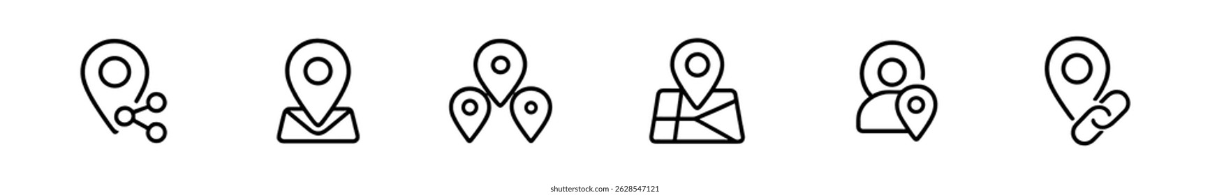 Locación, conjunto de iconos de contorno de navegación - mapa y símbolos GPS para App