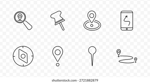 Location navigation set icon. Magnifier with pin, pushpin, pin on map, phone route, compass, pinpoint, path markers, all outlined in geolocation symbol style.