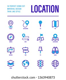 Location and navigation set. Pointer, pin, folded map, compass, route, flag, direction, search, traffic light, globe. Vector illustration.