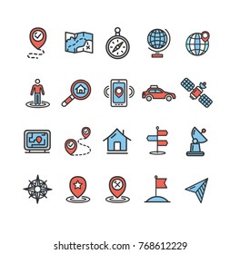 Location and Navigation Signs Color Thin Line Icon Set Includes Loupe, Car, Flag and Marker. Vector illustration