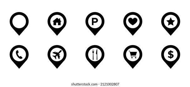 Location and Navigation vector icons map pin pointer. Set pointers, parking, restaurants, hospitals, supermarkets, telephones, stars, hotel, airplane