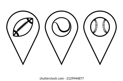 Location and Navigation vector icons map pin pointer. Set pointers, sport club, playground, stadium, sport, balls, tennis, baseball, american football. Vector illustration in outline style