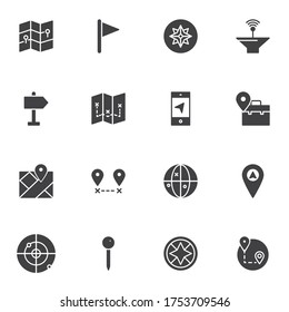 Location & navigation vector icons set, modern solid symbol collection, filled style pictogram pack. Signs, logo illustration. Set includes icons as map marker, windrose, location pin, geo position