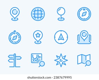Location and Navigation vector line icons. Road Map and Compass outline icon set. GPS, Location Pin, Pointer, Road Sign and more.