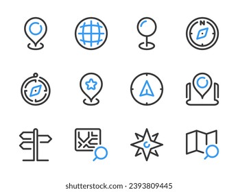 Location and Navigation vector line icons. Road Map and Compass outline icon set. GPS, Location Pin, Pointer, Road Sign and more.