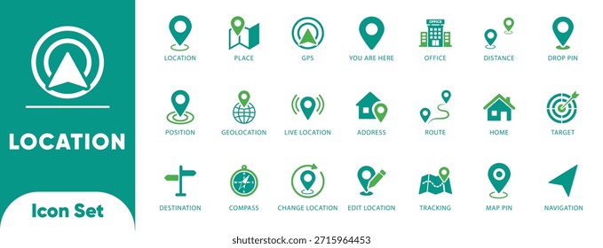 Vectores de Locación y navegación. Cuenta con GPS, brújula, ruta y símbolos de pin de mapa. Ideal para App de viajes, geolocalización y seguimiento de UI.