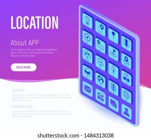 Location and navigation web page template. Buttons on tablet with thin line isometric icons. Pointer, pin, folded map, compass, route, flag, direction, search, traffic light. Vector illustration.