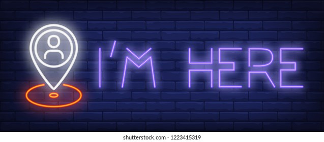 Location neon sign. Glowing inscription with geotag on dark blue brick background. Can be used for internet, gps, navigation, chatting