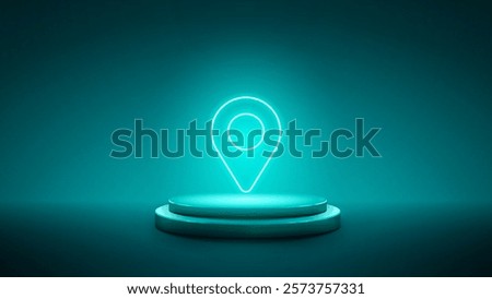 location neon sign on 3d podium. Glowing blue bright symbol. location icon. located map pin marker. А navigation pin for your website or app. Vector illustration