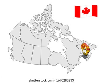 Location of  New Brunswick on map Canada. 3d New Brunswick location sign. Flag of New Brunswick Province. Quality map of Canada. Stock vector. EPS10.