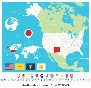 Location of New Mexico on USA map with flags and map icons. Detailed vector illustration.