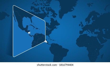 Location of Nicaragua on the World Map with Enlarged Map of Nicaragua with Flag. Geographical Vector Template for your design.