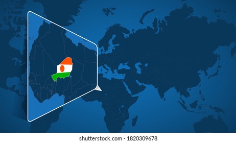Ubicación de Níger en el Mapa Mundial con Mapa Ampliado de Níger con bandera. Plantilla de vectores geográficos para su diseño.