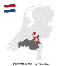 Location of North Brabant  on map Netherlands. 3d location sign similar to the flag of North Brabant. Quality map  with  provinces of  Netherlands for your design. EPS10.