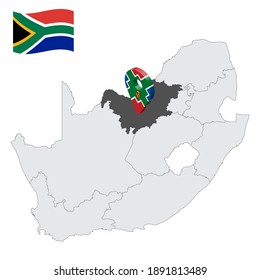 Location  North West Province on map South Africa. 3d location sign similar to the flag of  province North West. Quality map  with regions of South Africa for your design. EPS10.