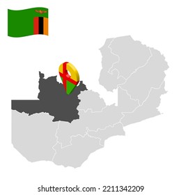 Ubicación Provincia Noroeste en el mapa de Zambia. 3d signo de ubicación similar a la bandera de la Provincia Noroeste. Mapa de calidad con las regiones de Zambia para su diseño. EPS10