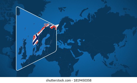 Ubicación de Noruega en el Mapa Mundial con Mapa Ampliado de Noruega con Bandera. Plantilla de vectores geográficos para su diseño.