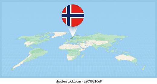 Ubicación de Noruega en el mapa del mundo, marcado con la bandera de Noruega. Ilustración vectorial cartográfica.