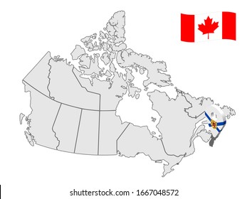 Location of  Nova Scotia on map Canada. 3d Nova Scotia location sign. Flag of Nova Scotia Province. Quality map of Canada. Stock vector. EPS10.