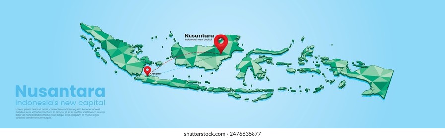 Ubicación de Nusantara, la nueva capital de Indonesia en la ilustración de mapa de textura de estilo polígono verde. Diseño de concepto moderno