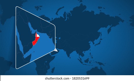 Location of Oman on the World Map with Enlarged Map of Oman with Flag. Geographical Vector Template for your design.