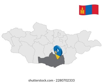 Location of Omnogovi Province on map Mongolia. 3d Omnogovi Province location sign. Quality map with  Provinces of Mongolia for your web site design, logo, app, UI. Stock vector. EPS10.