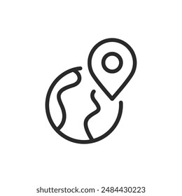 Position auf der Erde, Symbol im linearen Stil. Erde mit einem Positionsstift. Bearbeitbare Strichbreite