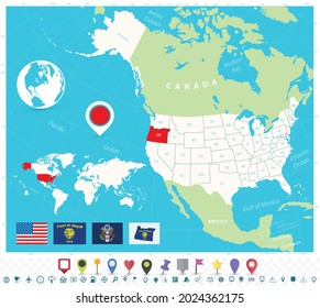 Ubicación de Oregon en el mapa de EEUU con banderas e iconos de mapas. Ilustración vectorial detallada.