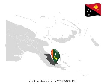 Lage Oro Provinz auf Karte Papua Neuguinea. 3D-Ortszeichen ähnlich der Flagge der Provinz Oro. Qualitätskarte mit den Provinzen des Papua-Neuguinea für Ihr Design. EPS10